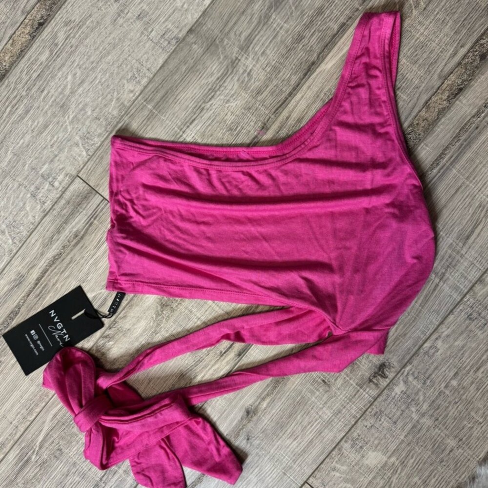 Nvgtn tank top one shoulder tie up waist belted ribbon pink stretchy BNWT luxe - Picture 2 of 5